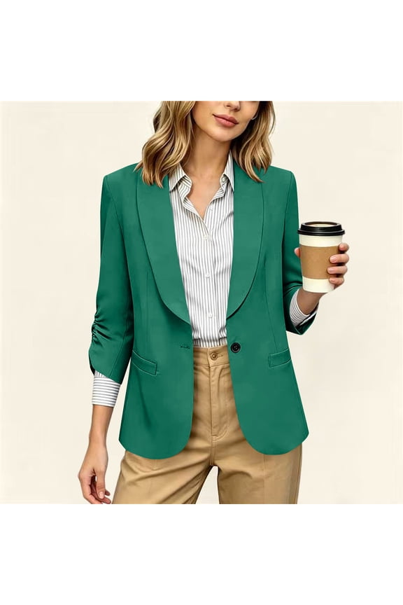 Womens Blazer Three Quarter Sleeve Open Front Lapel Collar Solid Work Jacket with Pockets for Office Casual Gift