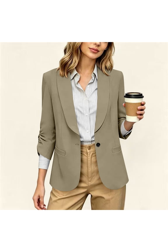 Womens Blazer Three Quarter Sleeve Open Front Lapel Collar Solid Work Jacket with Pockets for Office Casual Gift