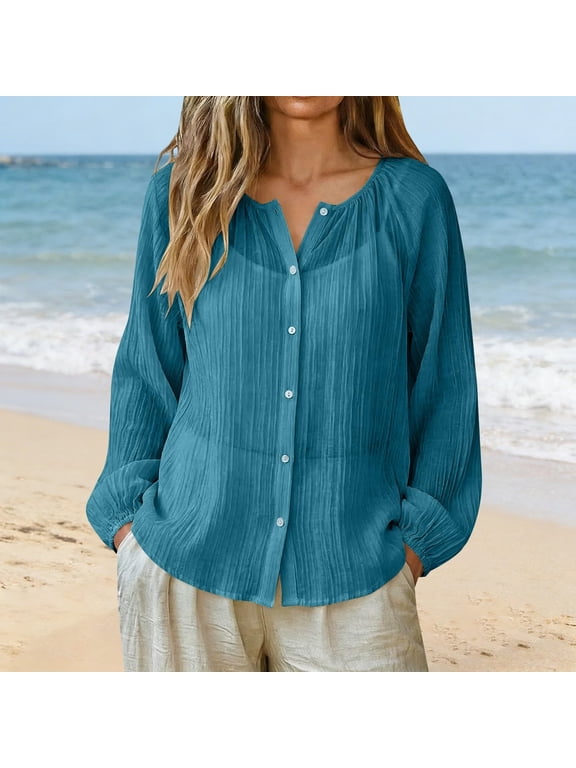 Womens Blouse Long Sleeve Crew Neck Solid Linen Blend Raglan Button Down Shirt Lightweight Sun Protection for Summer