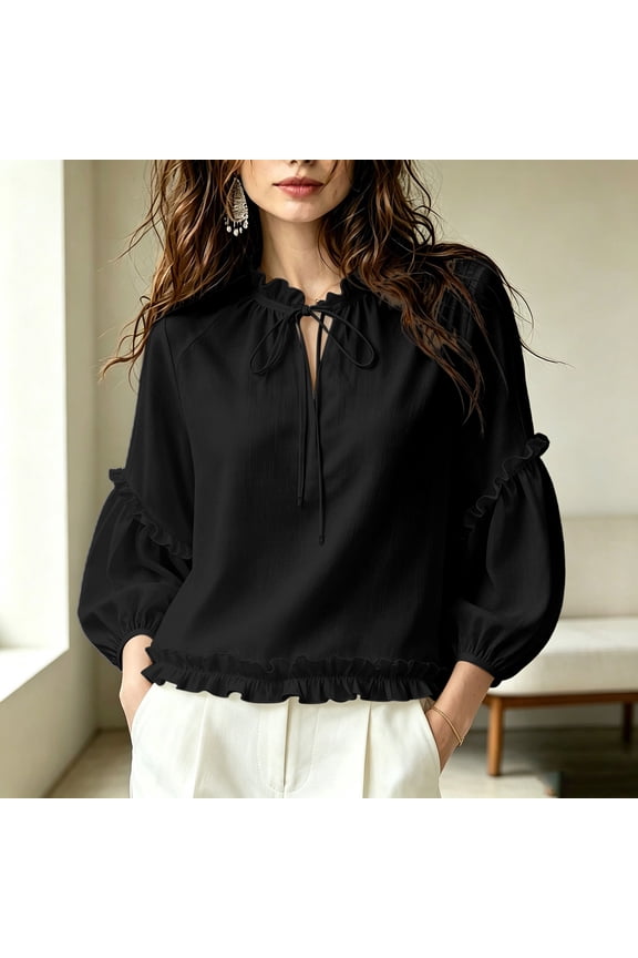 Womens Blouse Long Sleeve Round Neck Ruffled Stand Collar Drawstring Puff Sleeve Loose Textured Top for Summer