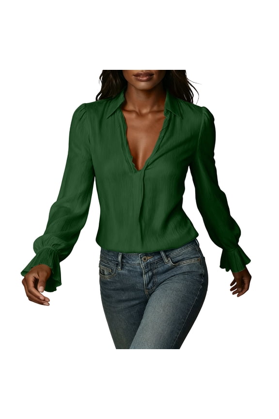 Womens Blouse Long Sleeve V Neck Solid Ruched Pullover Top with Puff Sleeve Ruffle Cuff Pleated Back for Summer