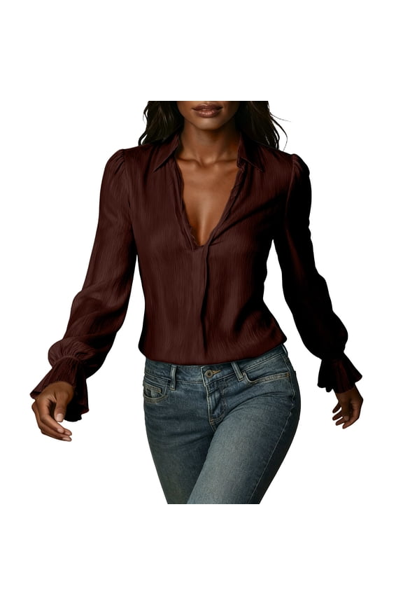 Womens Blouse Long Sleeve V Neck Solid Ruched Pullover Top with Puff Sleeve Ruffle Cuff Pleated Back for Summer