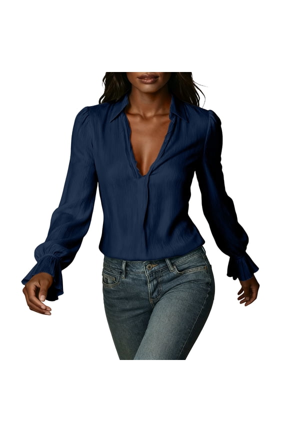Womens Blouse Long Sleeve V Neck Solid Ruched Pullover Top with Puff Sleeve Ruffle Cuff Pleated Back for Summer