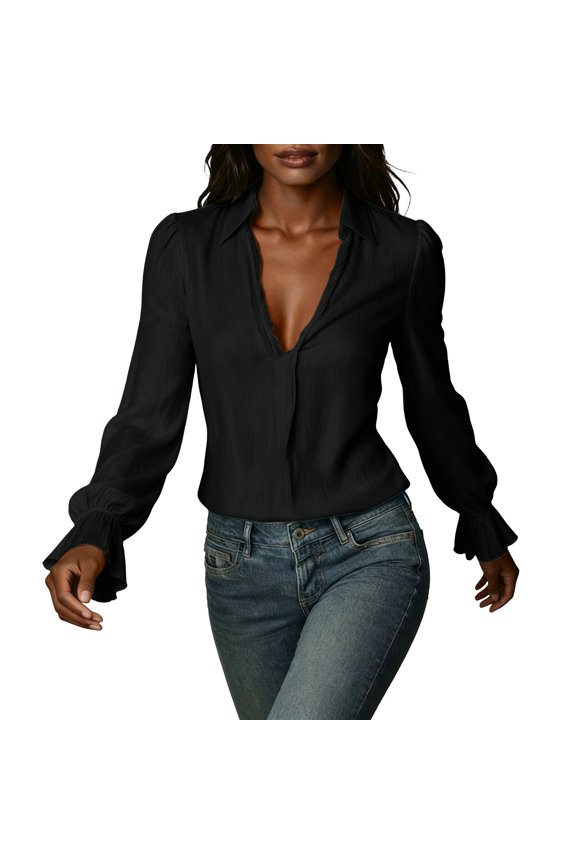 Womens Blouse Long Sleeve V Neck Solid Ruched Pullover Top with Puff Sleeve Ruffle Cuff Pleated Back for Summer