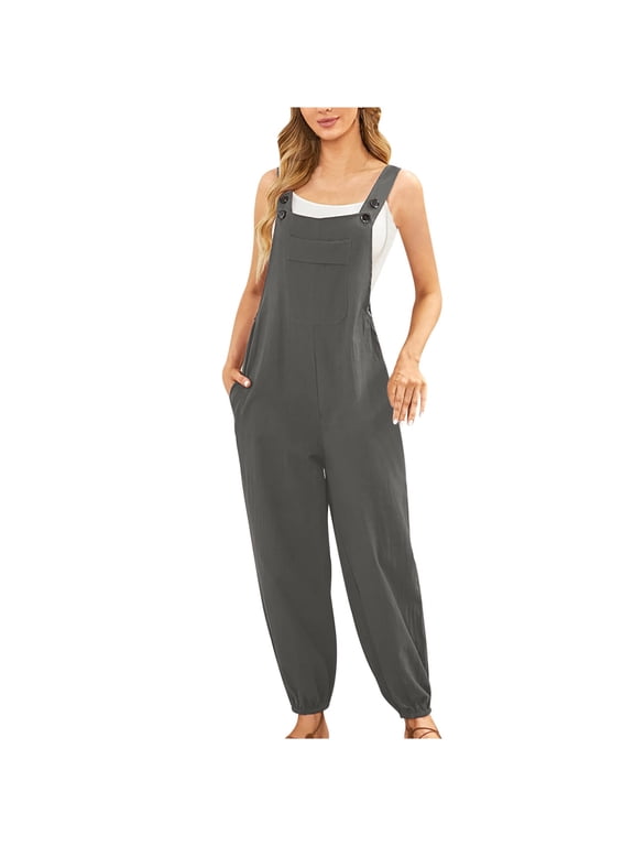 Womens Button Front Jumpsuit Sleeveless Wide Leg Solid with Pockets Casual Overalls for Daily