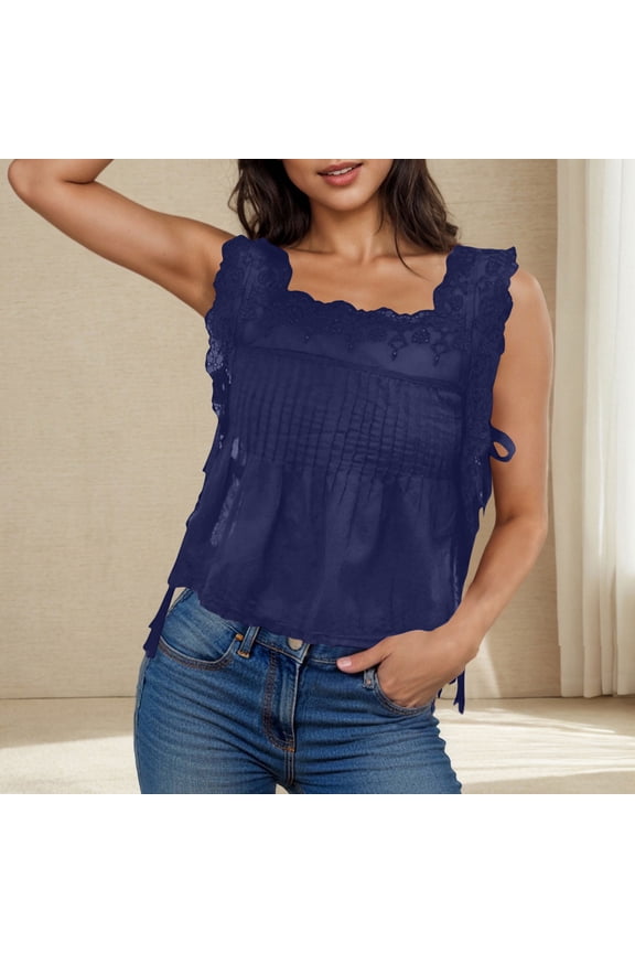 Womens Camisole Sleeveless Loose Fit Square Neck Trim Drawstring Tie Front Solid Soft Cropped Top for Summer Gift