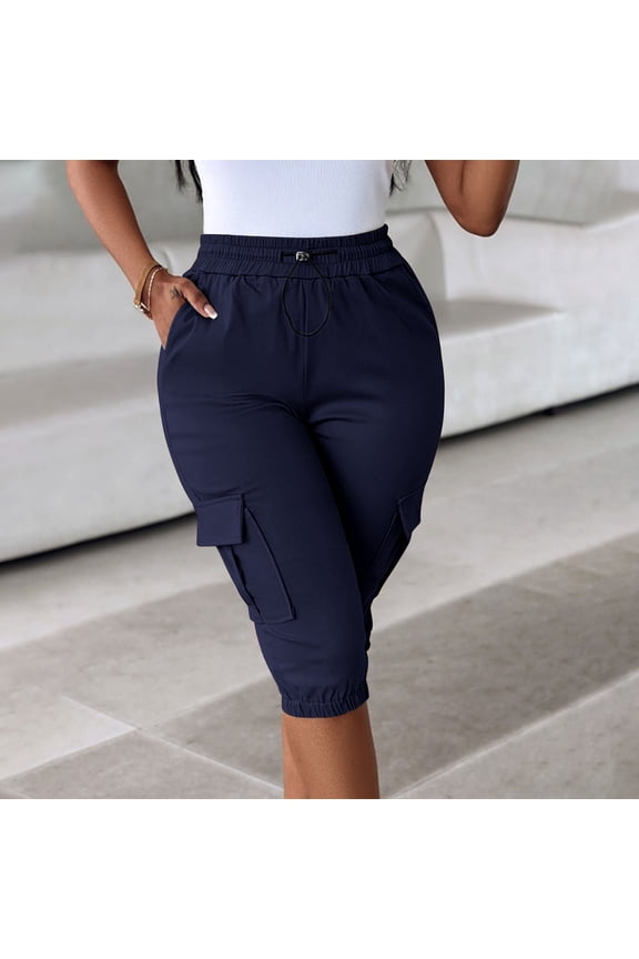 Womens Capri Cargo Pants High Waisted Elastic Drawstring Waist Flap Pocket Solid Soft Breathable Casual Trousers for Summer Gift