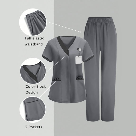 TaTaai Womens Cardigan Nurse Uniform Set V Neck Short Sleeve Scrub Top with Pants Pockets for Clinic Work Gift