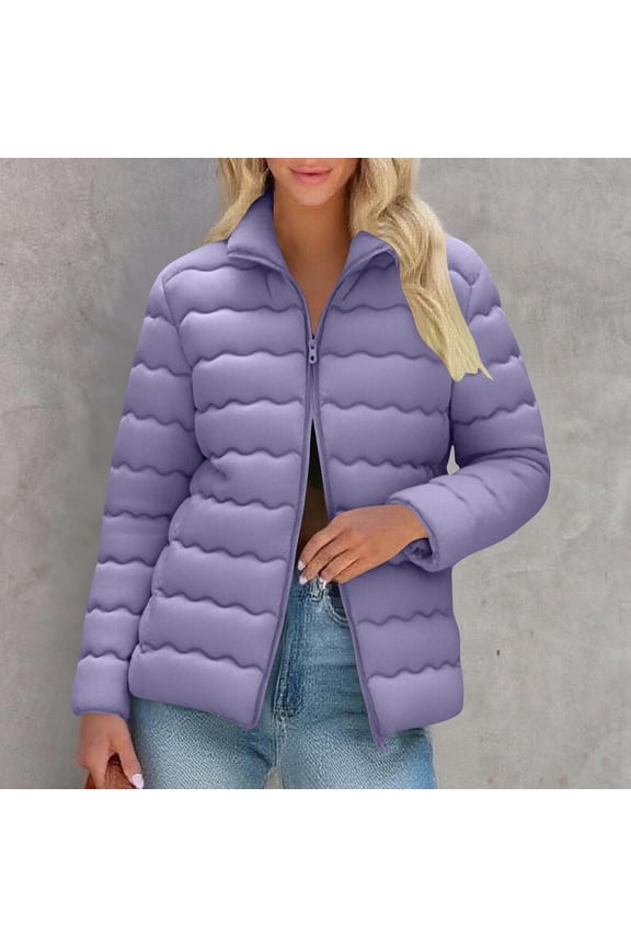 Womens Casual Coat Long Sleeve Solid Quilted Zip Up Parka Lightweight Warm Puffer Jacket for Daily