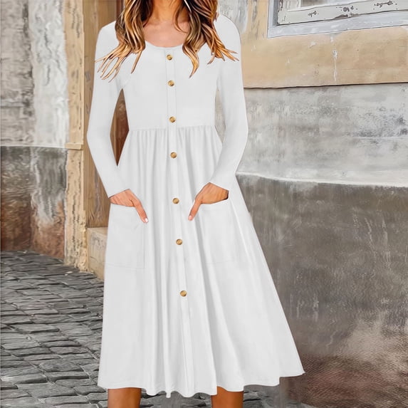 TaTaai Womens Casual A Line Dress with Pockets Long Sleeve Button Down Round Neck Flared Midi Length Soft Comfortable for Fall Daily Party Holiday Gift