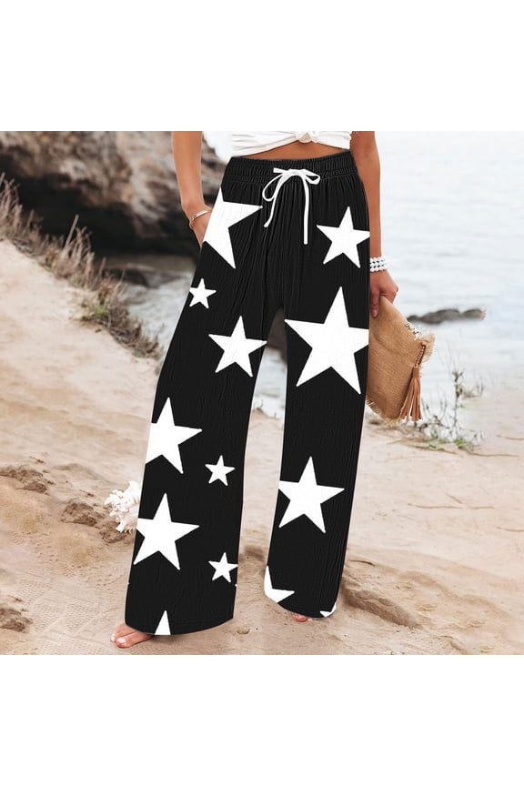 Womens Casual Loose Star Print Stretchy Elastic Waist Pocket High Waist Straight Leg Breathable Pants For Daily Home Outdoor Wear