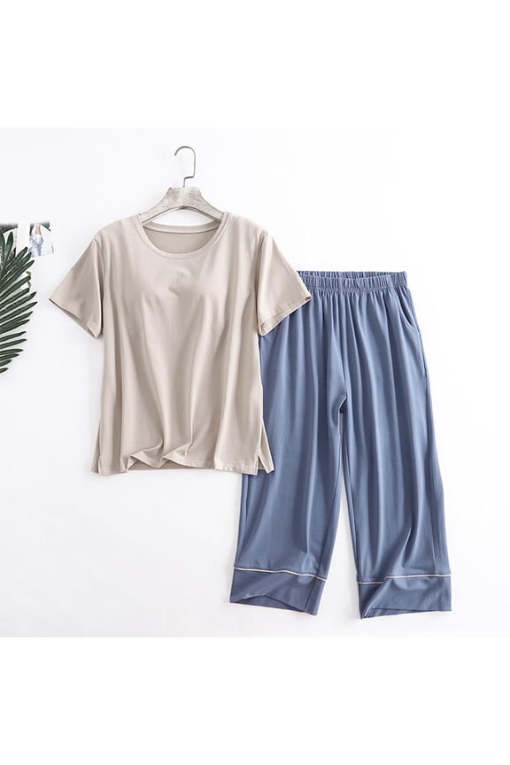 Womens Casual Lounge Set Short Sleeve Top with Built-in Bra and Cropped Pants Solid Color Loose Fit Comfortable Pajamas Spring Summer Daily Gift