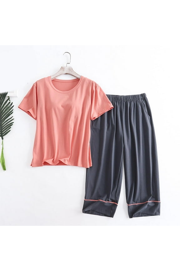 Womens Casual Lounge Set Short Sleeve Top with Built-in Bra and Cropped Pants Solid Color Loose Fit Comfortable Pajamas Spring Summer Daily Gift