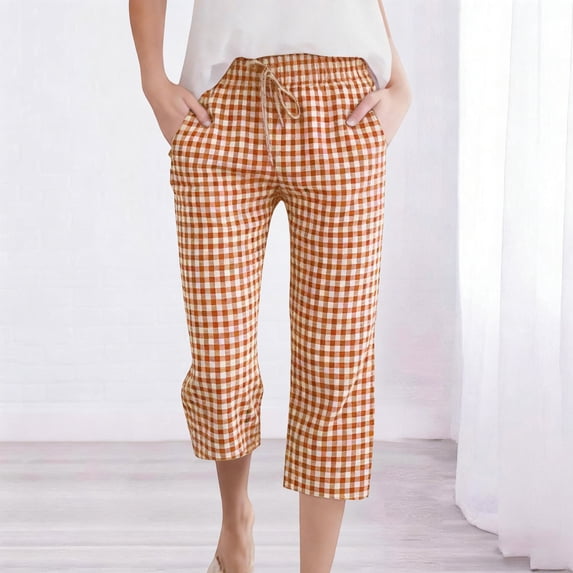 TaTaai Womens Casual Plaid Pants Drawstring Elastic Waist Loose Fit 7/8 Length Cropped Trousers with Pockets for Spring Summer Daily Wear Gift