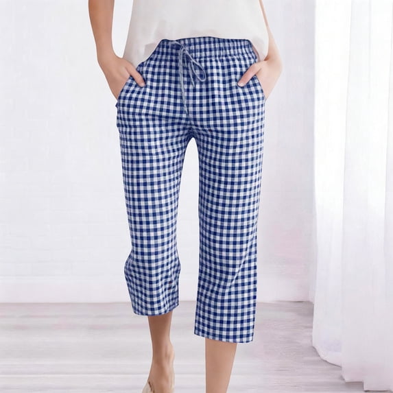 TaTaai Womens Casual Plaid Pants Drawstring Elastic Waist Loose Fit 7/8 Length Cropped Trousers with Pockets for Spring Summer Daily Wear Gift