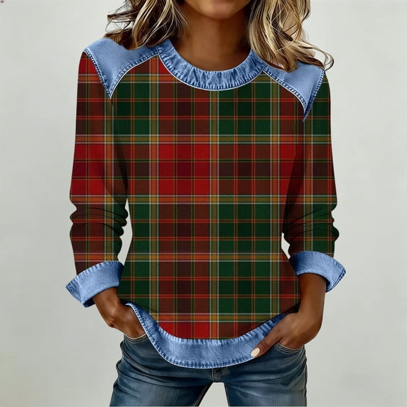 TaTaai Womens Casual Plaid Patchwork Long Sleeve Round Neck Tops Fashion Loose Fit Soft Breathable Blouse Simple Daily Wear Shirt For Spring Summer Daily Outfits Gift