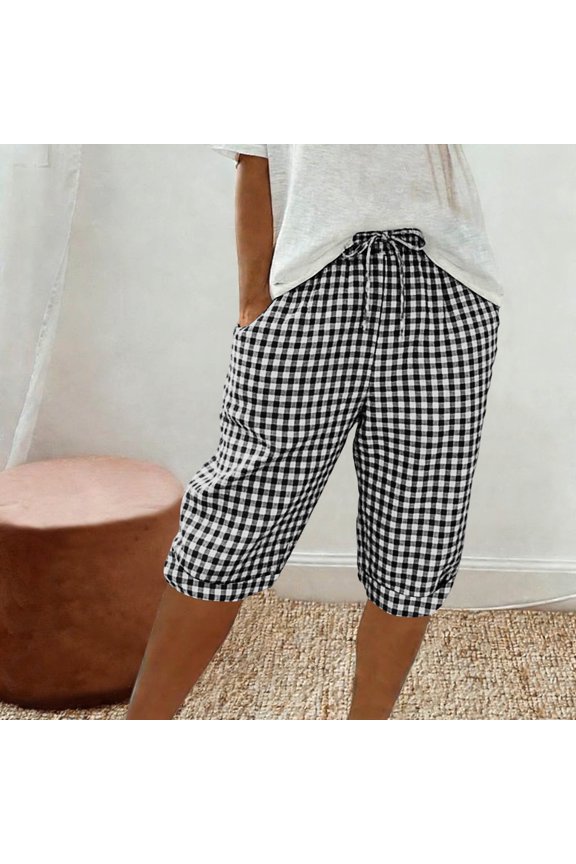 Womens Casual Plaid Shorts Drawstring Elastic Waist Loose Fit 5 Inch Knee Length Bermuda Pants with Pockets for Spring Summer Daily Wear Gift