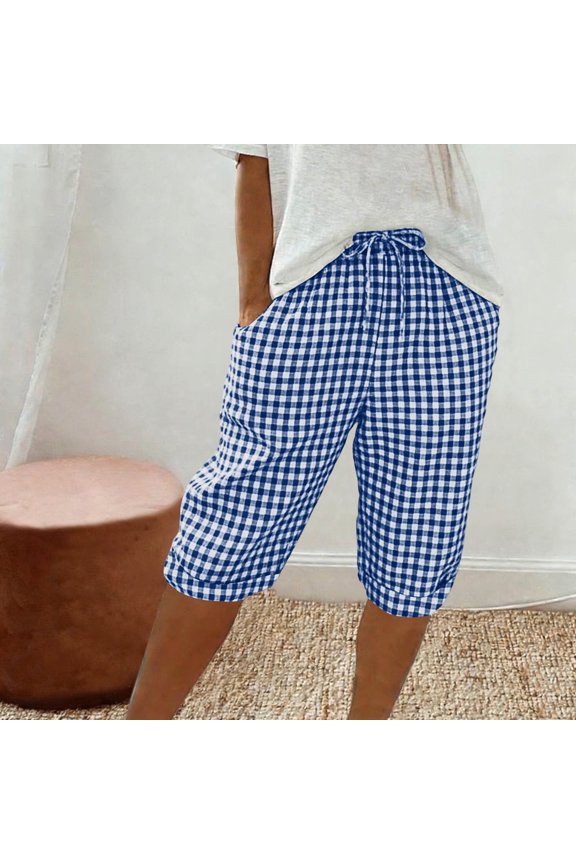 Womens Casual Plaid Shorts Drawstring Elastic Waist Loose Fit 5 Inch Knee Length Bermuda Pants with Pockets for Spring Summer Daily Wear Gift