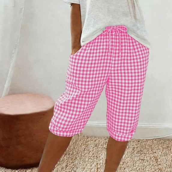 TaTaai Womens Casual Plaid Shorts Drawstring Elastic Waist Loose Fit 5 Inch Knee Length Bermuda Pants with Pockets for Spring Summer Daily Wear Gift