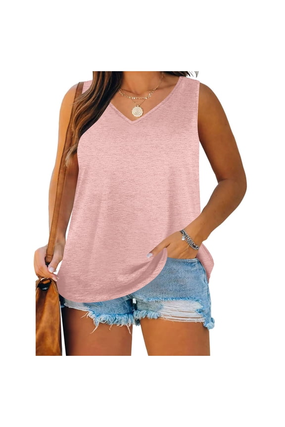 Womens Casual Plus Size V Neck Sleeveless Tops Solid Color Loose Fit Tank Blouses for Daily 1-Pack Gift