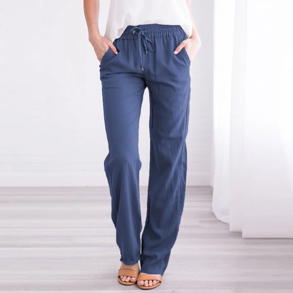 TaTaai Womens Casual Solid Linen Drawstring Elastic Waist Loose Wide Leg Long Pants Soft Breathable Flowy For Daily