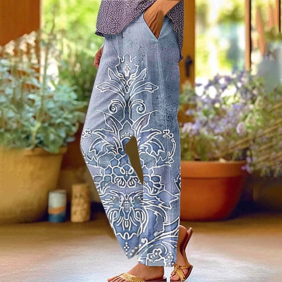 TaTaai Womens Casual Solid Long Trousers Elastic Waist Straight Leg Loose Fit Pants Bottoms for Daily