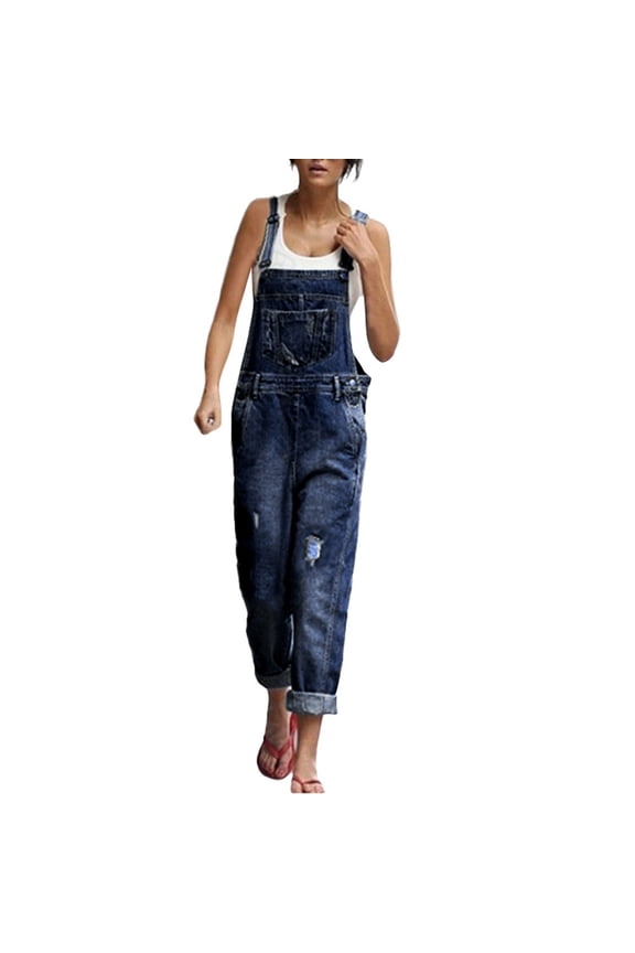 Womens Casual Sports Double Shoulder Strap Ripped Denim Jumpsuit Pants Soft Breathable Loose Fit For Summer