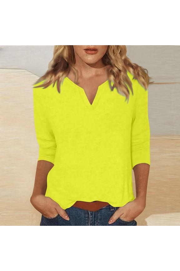 Womens Casual Tops Three Quarter Sleeve Loose Fit V Neck Surplice Wrap Solid Soft Breathable Blouse for Daily Wear Gift