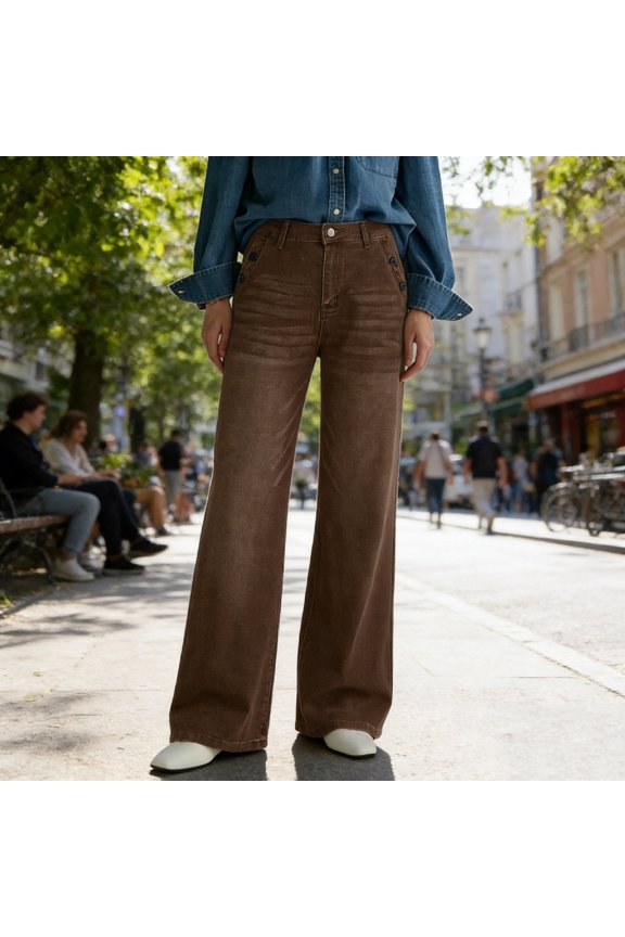 Womens Casual Washed Jeans Wide Leg Loose Fit Multi-button Pants High Waist Long Trousers with Pockets Comfy Denim Daily Spring Lounge Wear Top Gift