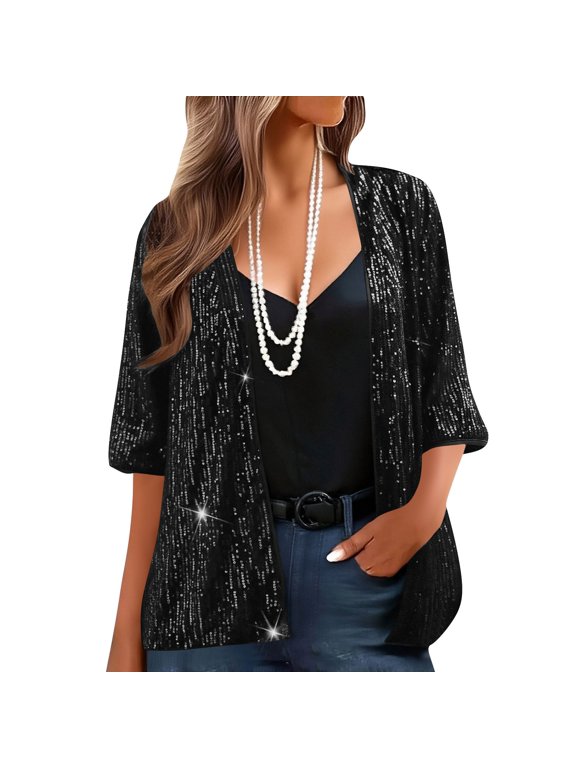 Womens Clothes Plus Size 3/4 Sleeve Sequin Open Front Cardigan Jacket for Party Evening Gift