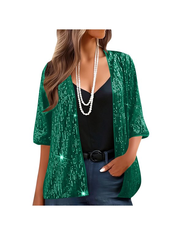 Womens Clothes Plus Size 3/4 Sleeve Sequin Open Front Cardigan Jacket for Party Evening Gift