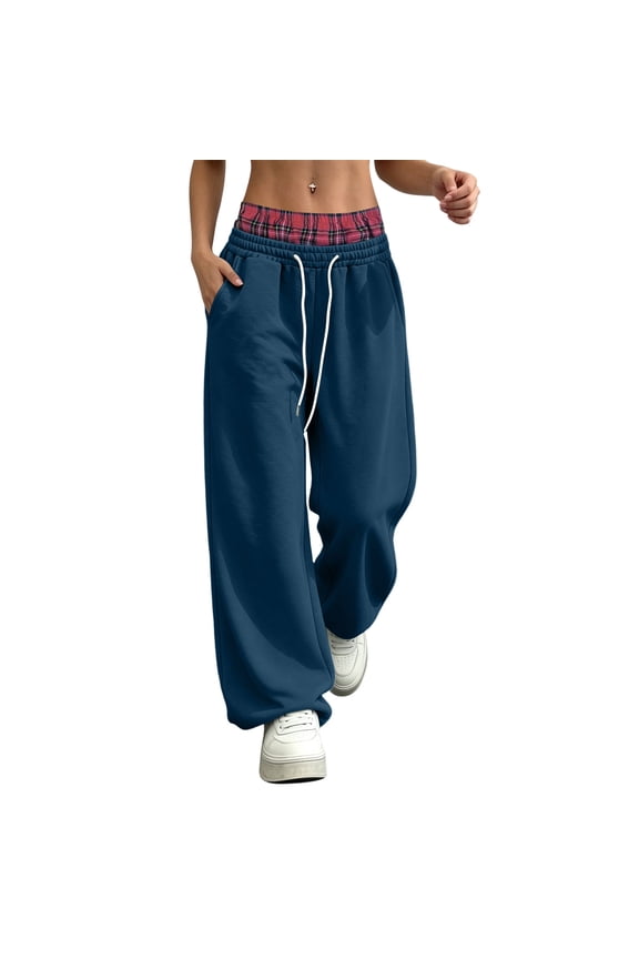 Womens Color Block High Waist Fleece Sweatpants with Pockets Drawstring Elastic Double Waist Trousers Bottoms for Daily