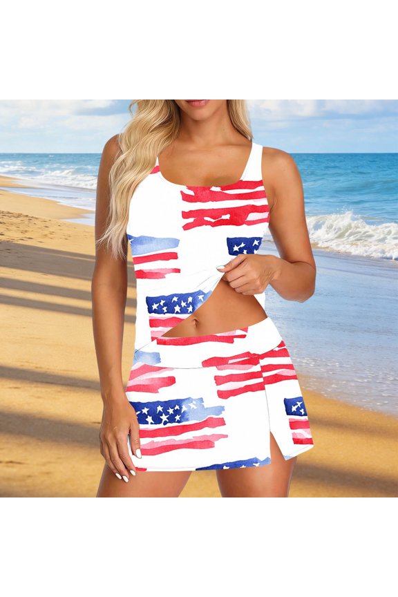 Womens Conservative Swimsuit Three Piece Set Printed Top with Skirt and Built in Bra for Beach Summer Gift