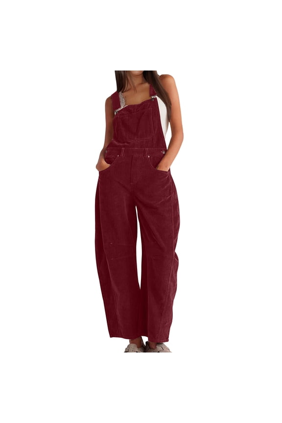 Womens Corduroy Barrel Wide Leg Bib Overalls Adjustable Romper Jumpsuit With Pockets Soft Vintage For Work