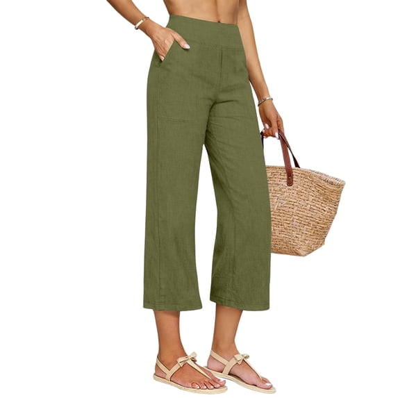 TaTaai Womens Cropped Pants High Waisted Straight Leg Side Pocket Solid Soft Breathable Casual Linen Trousers for Spring Summer Gift