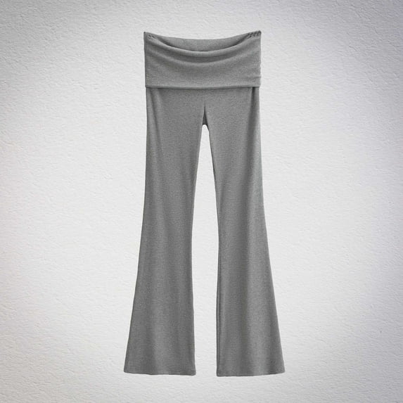 TaTaai Womens Double Layer Fold Waist Sports Pants High Elastic Slim Fit Flared Long Pants For Daily Gym Wear