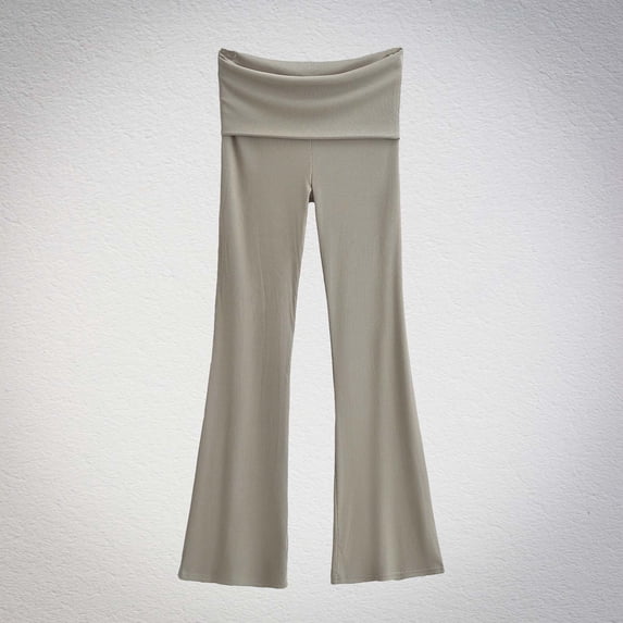 TaTaai Womens Double Layer Fold Waist Sports Pants High Elastic Slim Fit Flared Long Pants For Daily Gym Wear