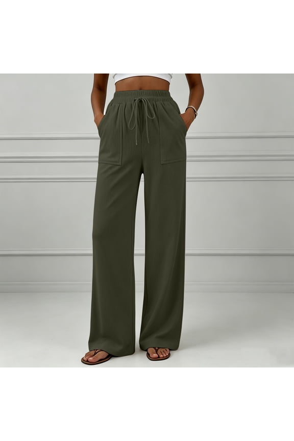 Womens Drawstring Elastic Waist Wide Leg Pants with Large Patch Pockets Casual Corduroy Loose Trousers Bottoms for Daily