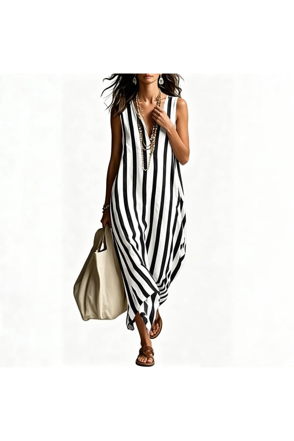 Womens Dresses Sleeveless V Neck Striped Print Pocket Pullover Casual Loose Comfy Soft for Daily Beach