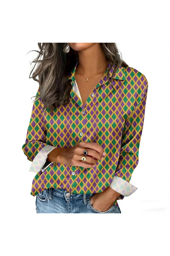 Womens Gradient Color Satin Button Down Shirt Long Sleeve Collared Blouse Silky Loose Fit Open Front Party Top Gift