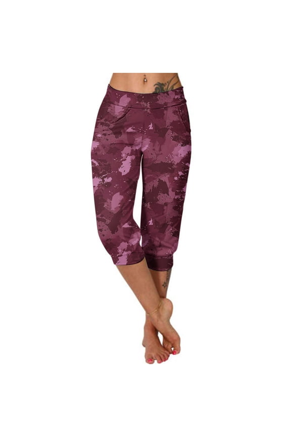 Womens High Waist Camo Capri Pants with Pockets Loose Fit Soft Stretchy Breathable for Daily Yoga Gym Summer Wear
