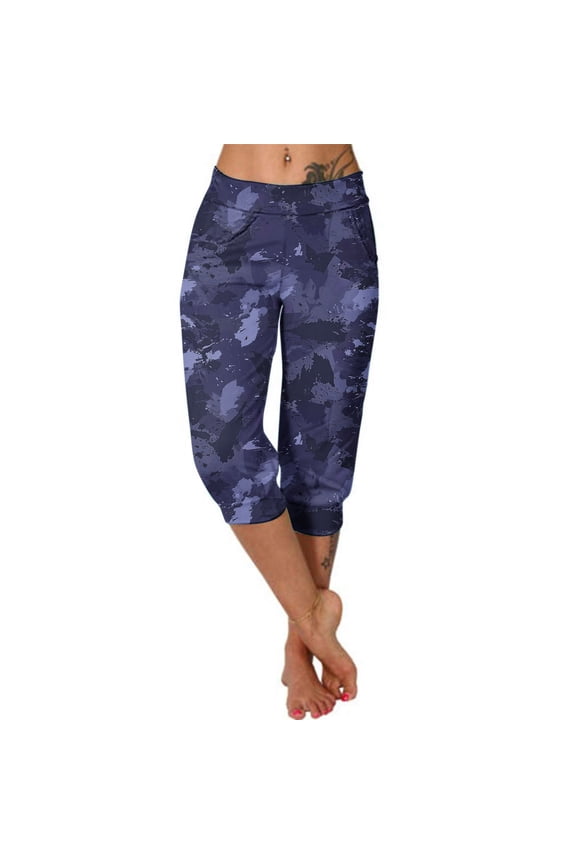 Womens High Waist Camo Capri Pants with Pockets Loose Fit Soft Stretchy Breathable for Daily Yoga Gym Summer Wear