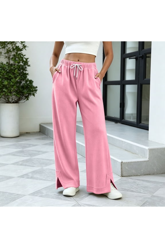 Womens High Waist Drawstring Wide Leg Pants with Pockets Split Hem Loose Casual Trousers Bottoms for Daily