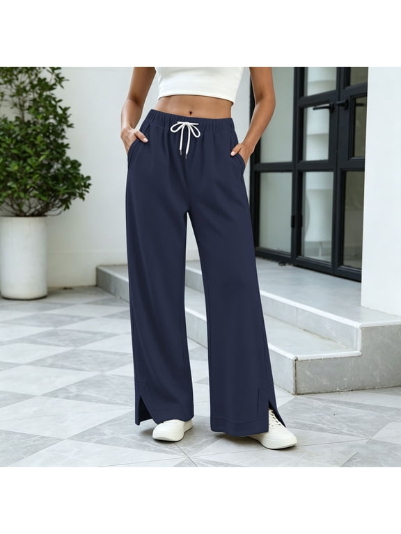 Womens High Waist Drawstring Wide Leg Pants with Pockets Split Hem Loose Casual Trousers Bottoms for Daily