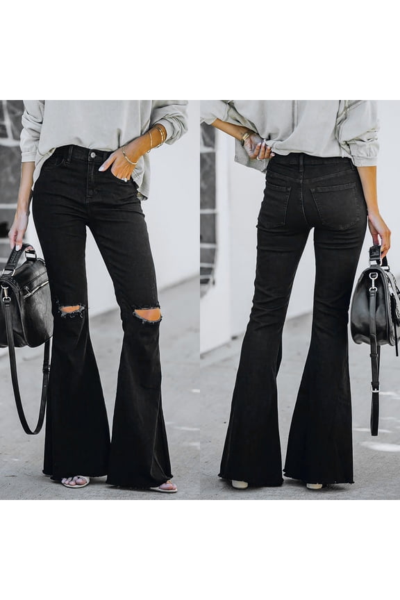 Womens High Waist Flared Washed Denim Jeans Mid Rise Stretchy Soft Breathable Casual Pants For Daily