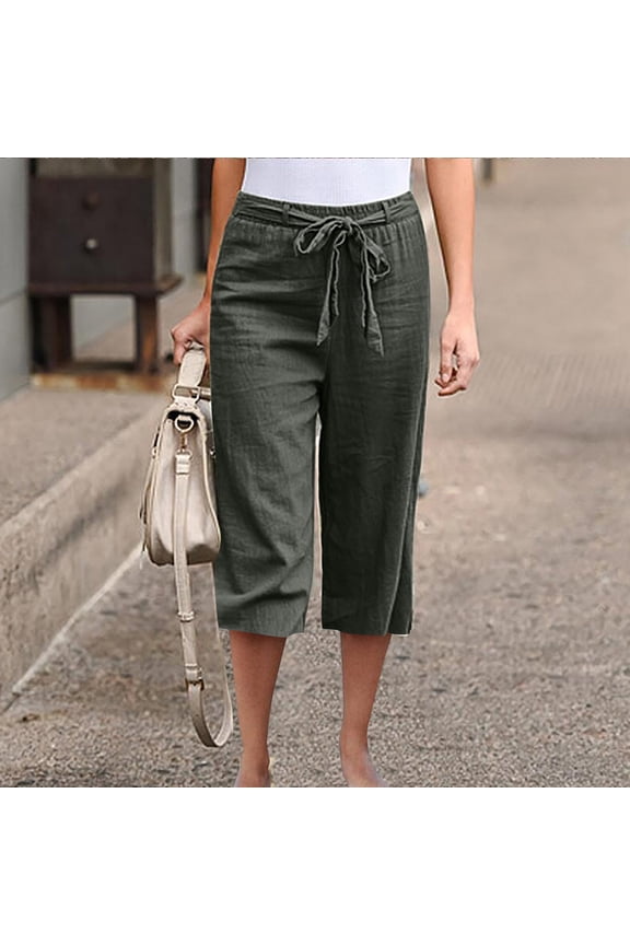 Womens High Waist Linen Capri Pants Elastic Drawstring Straight Leg Solid with Pockets for Daily