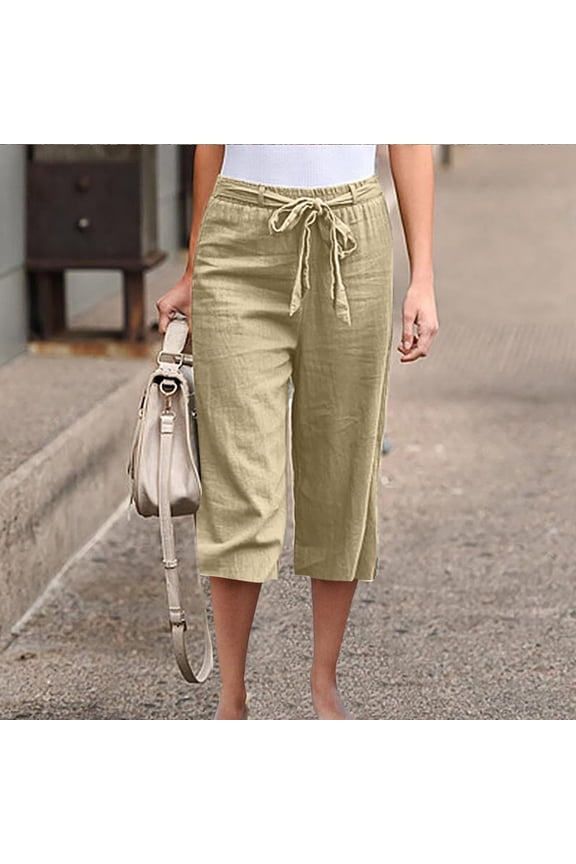 Womens High Waist Linen Capri Pants Elastic Drawstring Straight Leg Solid with Pockets for Daily