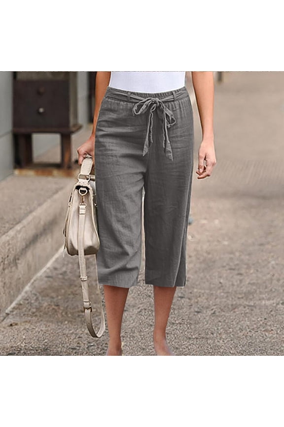 Womens High Waist Linen Capri Pants Elastic Drawstring Straight Leg Solid with Pockets for Daily