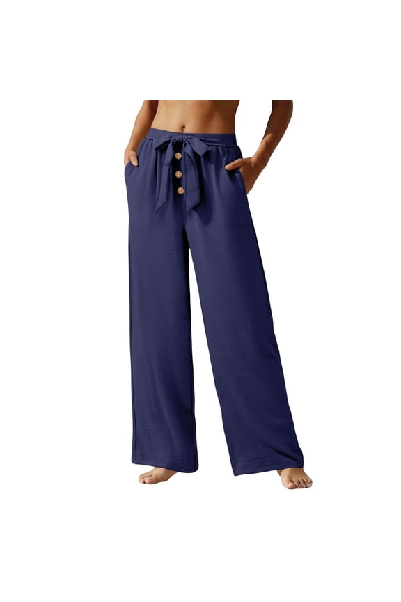 Womens High Waist Loose Wide Leg Pants Solid Color Elastic Drawstring Waist Straight Casual Trousers Soft Lightweight Comfy Bottoms For Daily Holiday Seaside Wear Gift