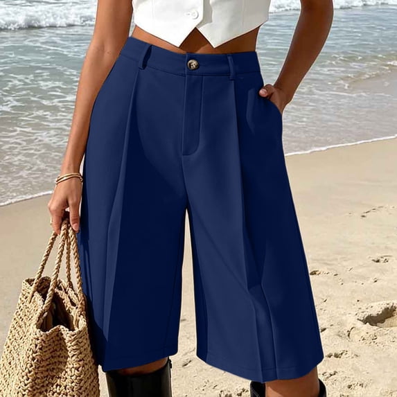 TaTaai Womens High Waist Pleated Bermuda Shorts with Pockets Wide Leg Tailored Work Suit Bottoms for Daily Office
